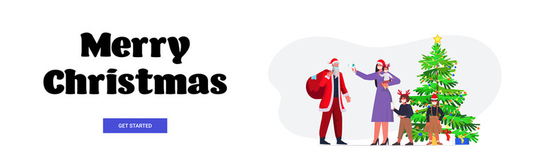 mother with kids checks body temperature of santa claus coronavirus quarantine self isolation concept new year christmas holidays celebration horizontal full length vector illustration