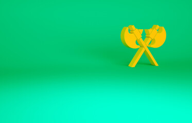 Orange Crossed medieval axes icon isolated on green background. Battle axe, executioner axe. Medieval weapon. Minimalism concept. 3d illustration 3D render.