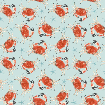 Beautiful vector seamless underwater pattern with watercolor red crabs and starfish. Stock illustration.