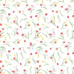 Beautiful vector seamless pattern with watercolor gentle blooming tulip flowers. Stock illustration.