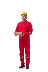 Young male mason with brick isolated on white