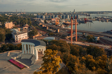 Morning air panorana with colonnade in Primorsky Boulevard and sea port in Odessa Ukraine © Alex