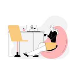 Woman watching education video tutorial of blogger on laptop