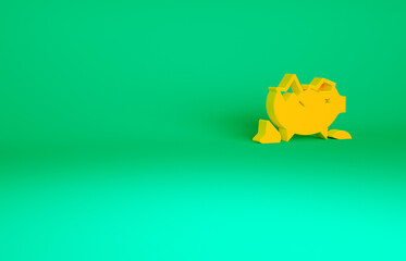 Orange Broken piggy bank icon isolated on green background. Icon saving or accumulation of money, investment. Minimalism concept. 3d illustration 3D render.