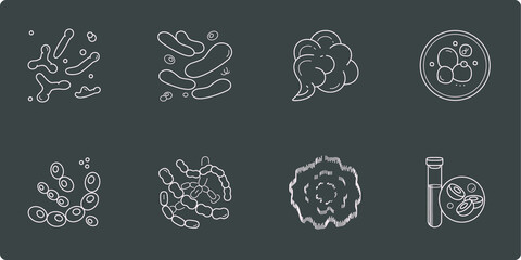 Microscopic bacteria, petri dish, blood cells. Microorganisms silhouettes isolated on black background. Probiotic and hemoglobin icons set in outlines