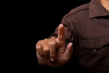 man touching screen isolated on black background. clipping path.