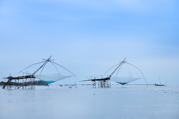 Big fishnet lifting of the Villagers at phatthalung provinces thailand.