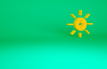 Orange Solar energy panel icon isolated on green background. Sun with lightning symbol. Minimalism concept. 3d illustration 3D render.