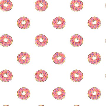 Vector image of a donut with icing and sprinkling. Food sketch of baking and sweet dessert. Hand-drawn bright appetizing treat