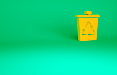 Orange Recycle bin with recycle symbol icon isolated on green background. Trash can icon. Garbage bin sign. Recycle basket sign. Minimalism concept. 3d illustration 3D render.