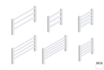 Isometric white fence sections. Fencing constructor.