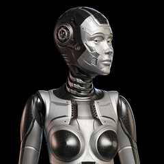 3d render of a very detailed robot woman or futuristic girl looking right, front view of the upper body isolated on black background