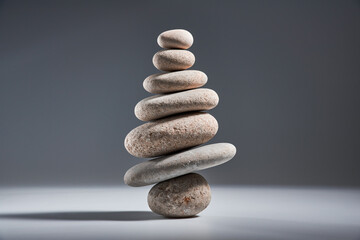 Balancing pyramid of sea pebbles on a gray background, the concept of harmony and balance, heavy and light. Stones in the form of scales with balancing stones.