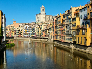 Fototapeta na wymiar On the River Onyar in Girona in Catalonia, Spain