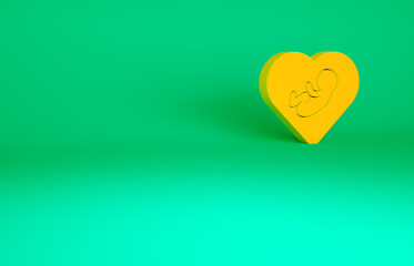 Orange Baby inside heart icon isolated on green background. Minimalism concept. 3d illustration 3D render.