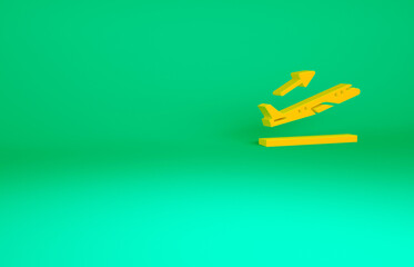 Orange Plane takeoff icon isolated on green background. Airplane transport symbol. Minimalism concept. 3d illustration 3D render.
