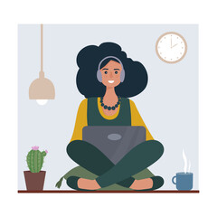Woman works at home, freelancer. Virtual communication during quarantine. Education online, the student studies at the laptop. Homeworkplace. Vector flat illustration