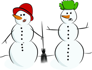 Two snowmen. Cheerful snowmen. Winter symbol. Merry winter time.