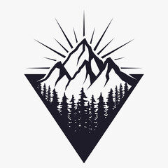 Mountains logo or badge or label design template with mountain peak and forest silhouette built in triangle shape and with sunburst. Isolated on white background. Vector illustration