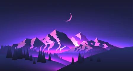 Fotobehang Violet Nacht bergen landschap met bergtoppen en valleien met paarse gloed en maan. Reis avontuur thema vectorillustratie