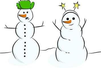 Two snowmen. Cheerful snowmen. Winter symbol. Merry winter time.