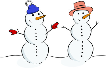 Two snowmen. Cheerful snowmen. Winter symbol. Merry winter time.
