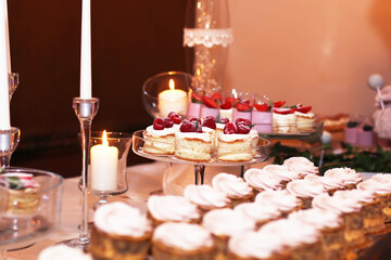 Catering table with sliced chocolate cakes decorated with fresh raspberries and nuts.