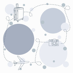 Travel square background with a suitcase, a camera, and a plane. 