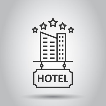 Hotel 5 stars sign icon in flat style. Inn building vector illustration on white isolated background. Hostel room business concept.