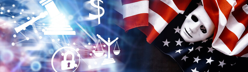 Fototapeta premium Flapping flag USA with wave. American flag for Memorial Day or 4th of July. Closeup of American flag dark background