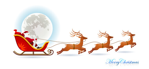 An isolated image of Santa riding on a sleigh with his reindeers with a moon in the background.