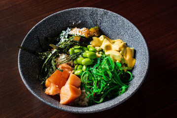 buddha bowl with fish and seaweed