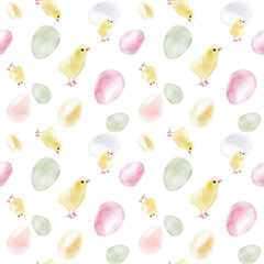 seamless pattern with easter eggs. watercolor drawings of eggs and chickens. Suitable for decorating Easter cards, wrapping paper, textiles