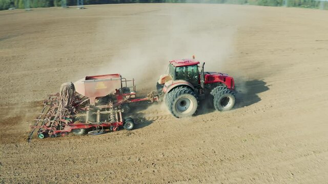 Tractor with a seeder sows grain of wheat or corn, works on field. Agricultural, mechanized sowing. Hard rural job. Aerial view, drone shot