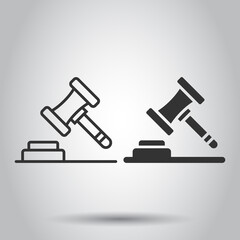 Auction hammer icon in flat style. Court sign vector illustration on white isolated background. Tribunal business concept.