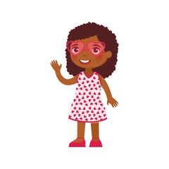 Little girl in heart shaped glasses flat vector illustration. February 14 holiday isolated design element. Valentines Day. Dark skin kid in festive pink sunglasses