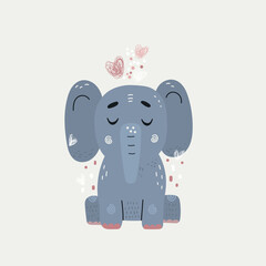 Cute cartoon elephant with decorative elements. Vector illustration. Great for designing children's clothing, bed clothes, posters, greeting cards.