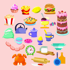 
A set of vector illustrations for the kitchen: food, sausages, chicken, hamburger, popcorn, sweets, cake, ice cream, dishes. Full-color images.