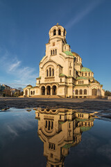 Fototapeta na wymiar Beautiful view and reflection of St. Alexander Nevsky Cathedral in Sofia, Bulgaria