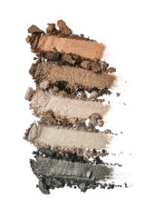 Close-up of make-up swatches. Smears of crushed grey and brown eye shadow