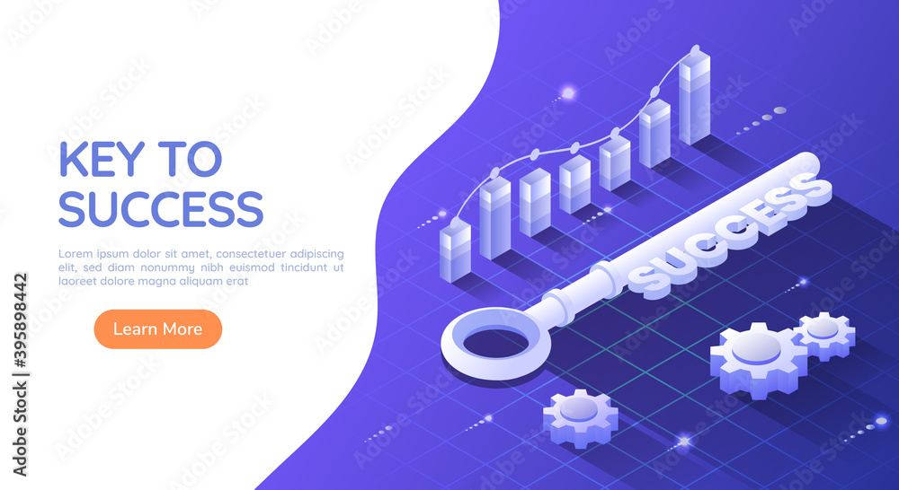 Poster isometric web banner key to success on blue background with graph and gear