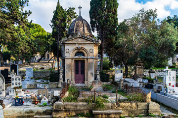 Paola, Malta - December 6th 2018: Mausoleum at the Addolorata Cemetery. Opened in 1869 and is the largest burial ground in Malta. 