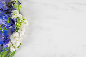 Elegant white marble and floral background with copy space
