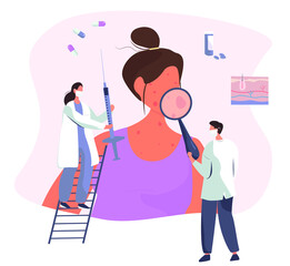 Skin Disease and Pimples.Diagnostics Dermatology and Cosmetology.Skin Treatment.Girls Face with Acne Inflammation or Varicella.
Doctors with Medical Equipment Looking on Pimples.Vector Illustration