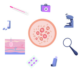 Skin Disease.Inspect Eczema.Diagnostics Dermatology and Cosmetology.Skin Treatment.Allergy Symptoms or Chicken Pox Varicella with Itching.Skin Treatment.Flat Vector Illustration