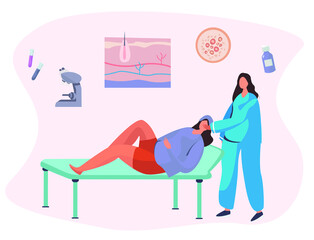 Skin Disease and Pimples. Character Visit Cosmetologist for Acne Treatment. Diagnostic Cosmetology. Skin Treatment. Doctor with Medical Equipment Looking at Character's Skin. Flat Vector Illustration