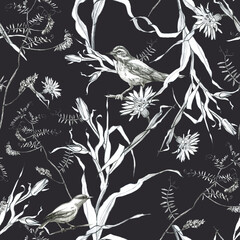 Illustration, pencil. A pattern of leaves and branches of plants, birds. Freehand drawing of flowers on a dark gray background.