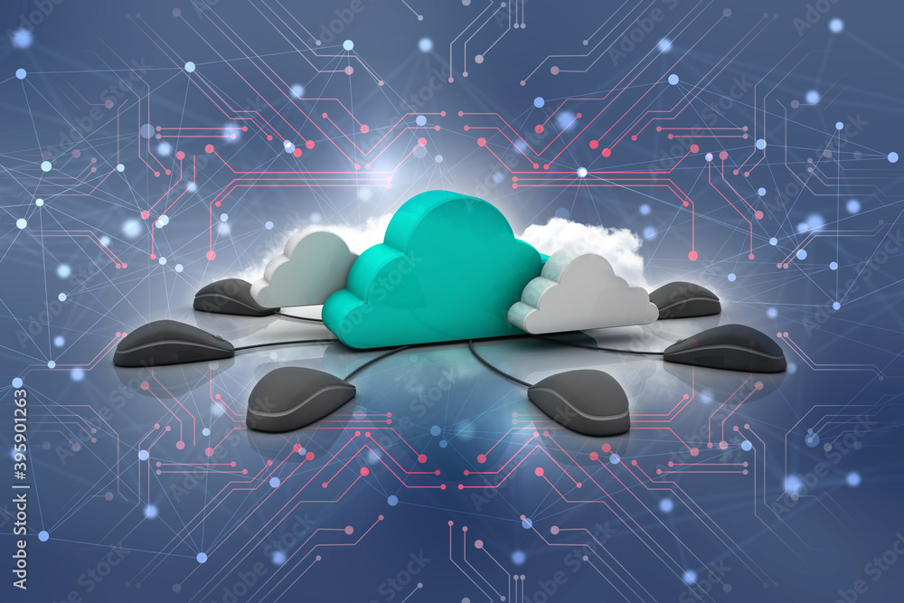 Poster 3d rendering blue cloud connected computer mouse