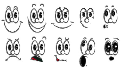 Various black and white emotions: joy, smile, anger, delight, discontent, playfulness, fun, surprise, pleasure. A set of people with children's emotions. 
