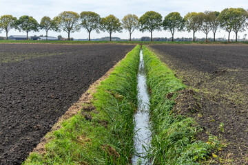 View over plowed fields in Oostwaard with little ditch with water near Bieschbosch in The...